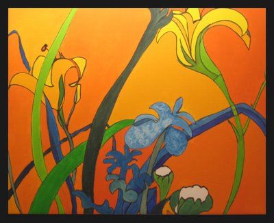 Blue Saliva In Front of Day Lily Painting 